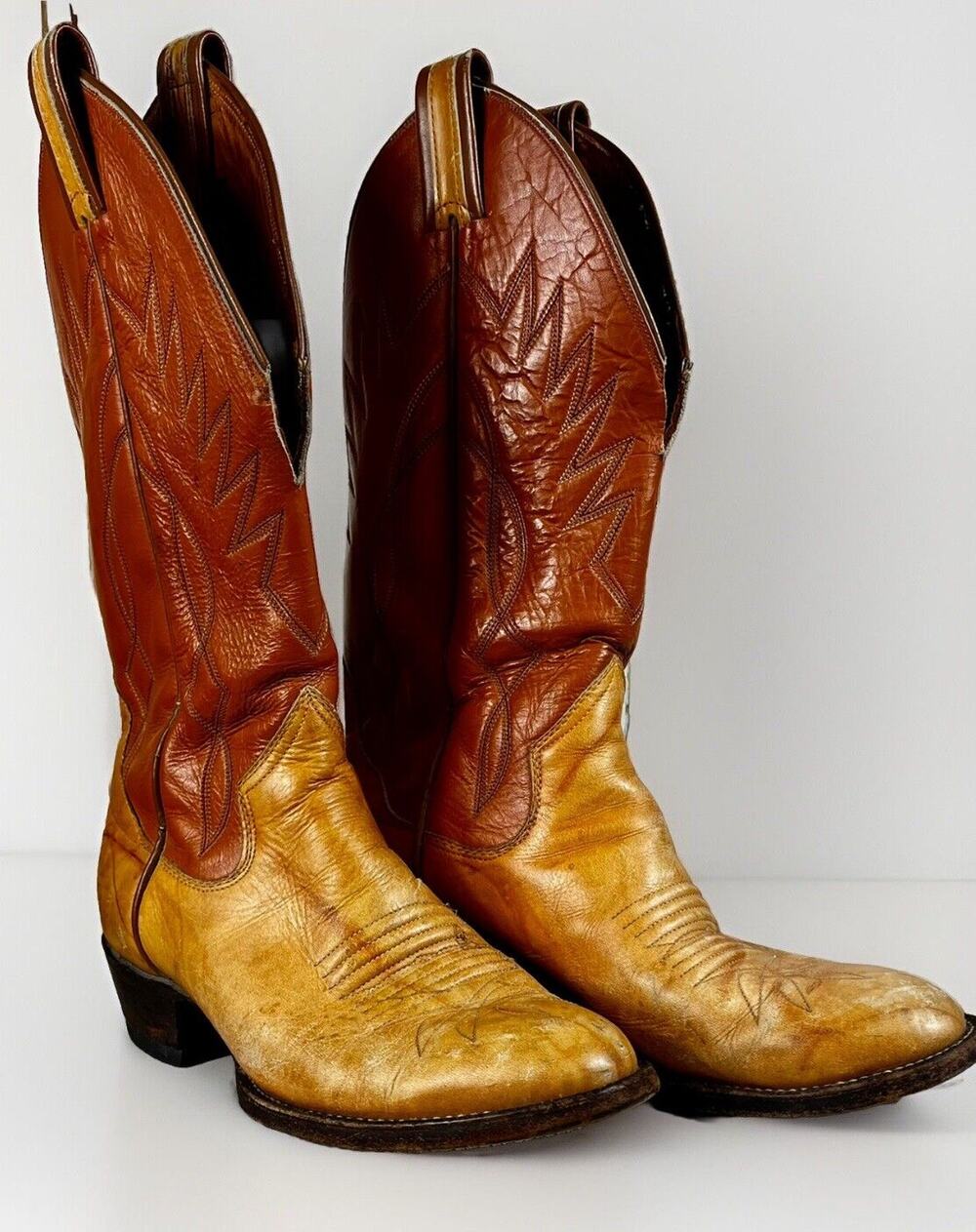 VTG Sanders Men’s Handmade WESTERN Cowboy BOOTS 8D Mexico Light Brown Leather